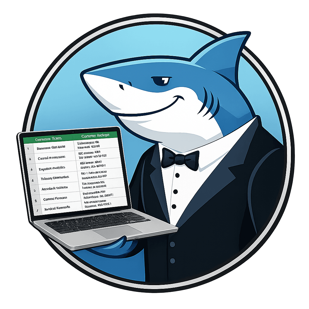 Company Shark mascot holding a laptop